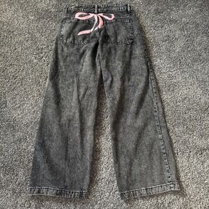 Y2K Disclosure Pants Womens 5 Black Baggy Black Acid Wash Skater Pink Bow Skater